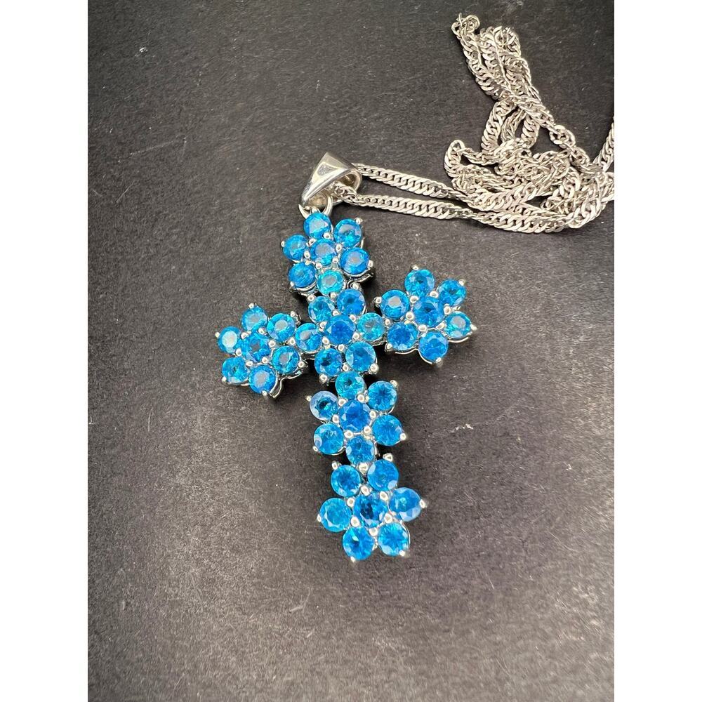Neon Blue Apatite Rhodium Over Sterling Silver Cross Pendant With Chain 3.25ctw - Picture 14 of 16